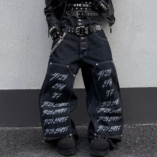 Letter Print Contrast Stitch Wide Leg Denim Jeans WN24058