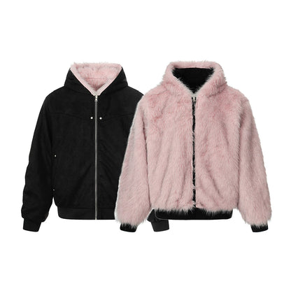 Reversible Fake Fur-Collar Warm Zipper Hooded Jacket WN22112