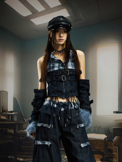 Plaid Patchwork Lace-Up Fake Fur Denim Sleeveless Shirt & Pants Setup WN22730