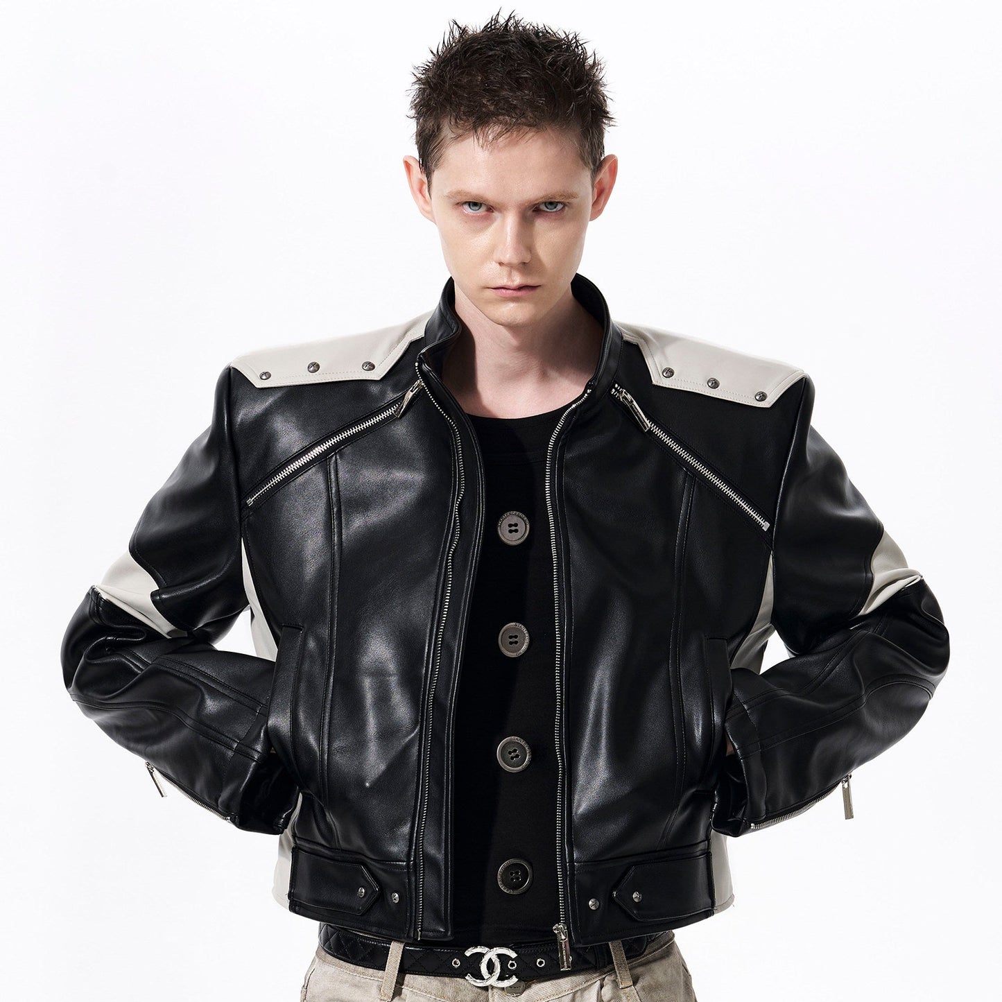 Horse Head Embroidery Stand Neck PU Leather Short Jacket WN23286