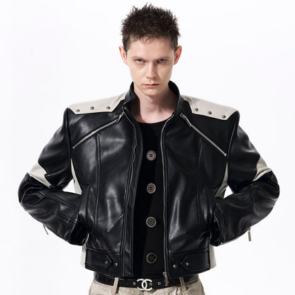 Horse Head Embroidery Stand Neck PU Leather Short Jacket WN23286