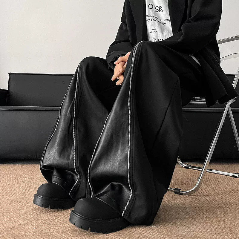 PU Leahter Mix Zipper Design Drape Baggy Trousers WN19331-K