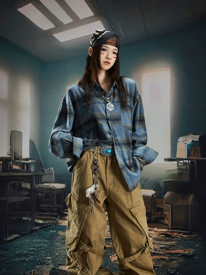 Plaid Color Block Print Oversize Long Sleeve Shirt WN20566