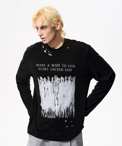 Skull Print Washed Damage Long Sleeve T-Shirt WN21771