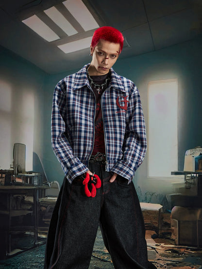 Embroidery Plaid Collar Short Zipper Jacket WN20598