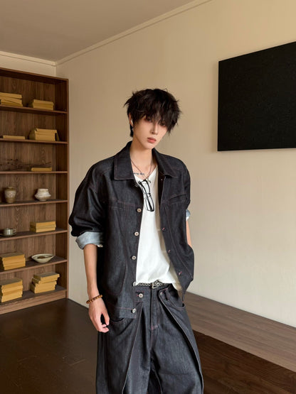 Deconstructed Shoulder-Pad Denim Jacket & Curved Denim Jeans Setup WN23171