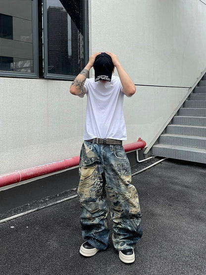 Graffiti Print Damage Denim Jeans WN18821