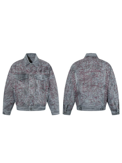 All-Over Random Stitch Embroidery Oversize Denim Jacket WN27865