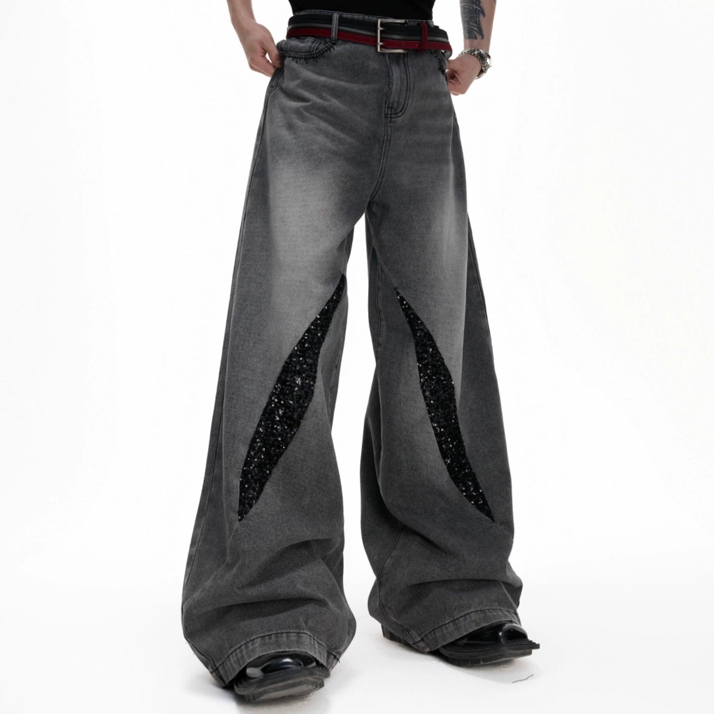 Washed Sequin Damage Straight Denim Jeans WN20670