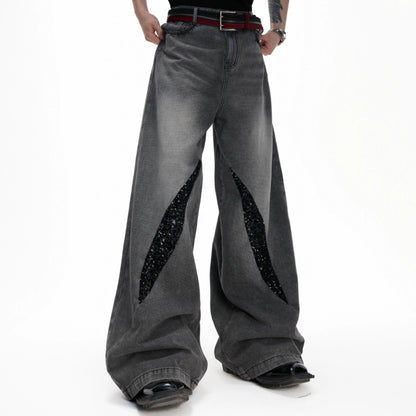 Washed Sequin Damage Straight Denim Jeans WN20670