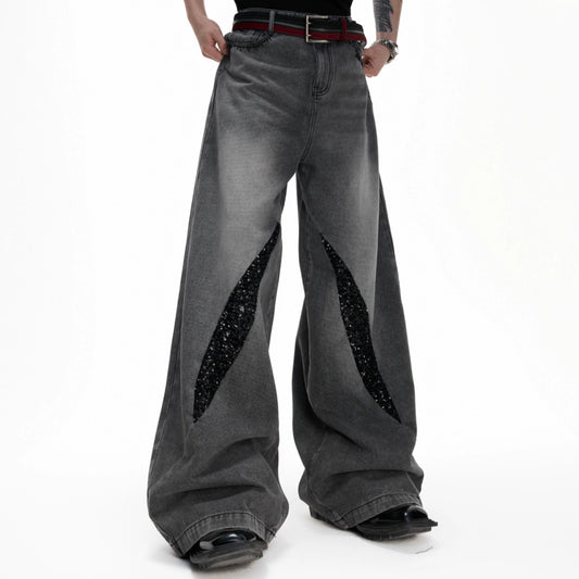 Washed Sequin Damage Straight Denim Jeans WN20670