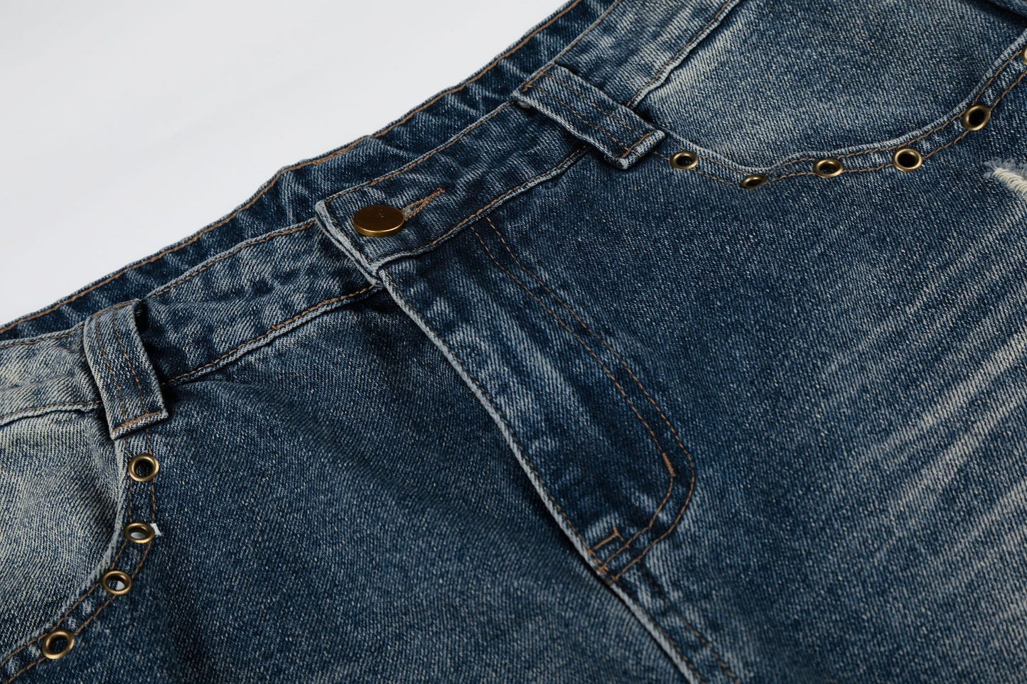 Wash Rivet Damage Wide Leg Denim Jeans WN25573