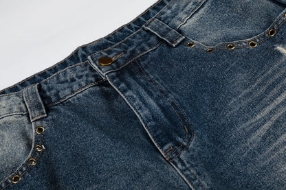 Wash Rivet Damage Wide Leg Denim Jeans WN25573