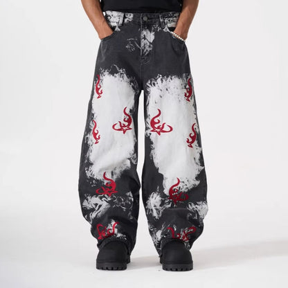 Washed Graphic Print Wide Leg Denim Jeans WN27794