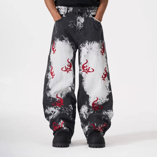Washed Graphic Print Wide Leg Denim Jeans WN27794