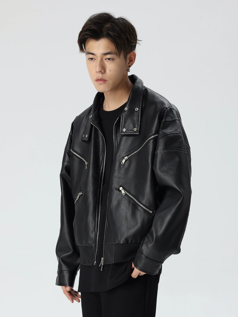 Zipper Design PU Leather Oversize Jacket WN17572