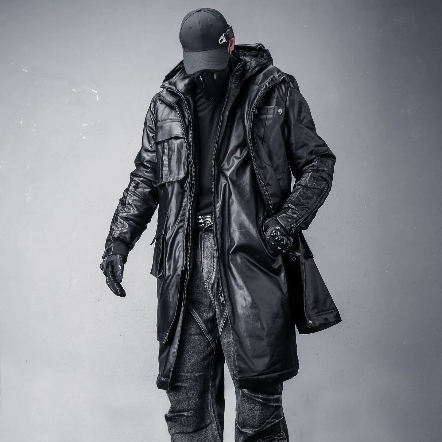 Hooded Fake Layered Large Pockets Wax Dye Coat WN22420