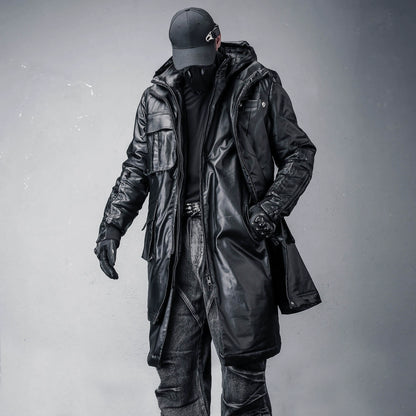 Hooded Fake Layered Large Pockets Wax Dye Coat WN22420