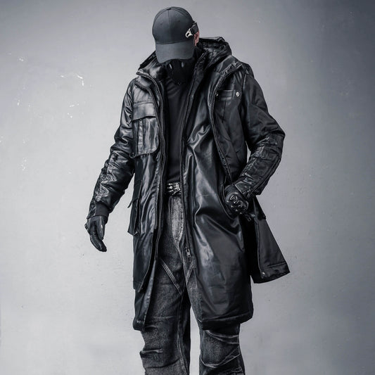 Hooded Fake Layered Large Pockets Wax Dye Coat WN22420