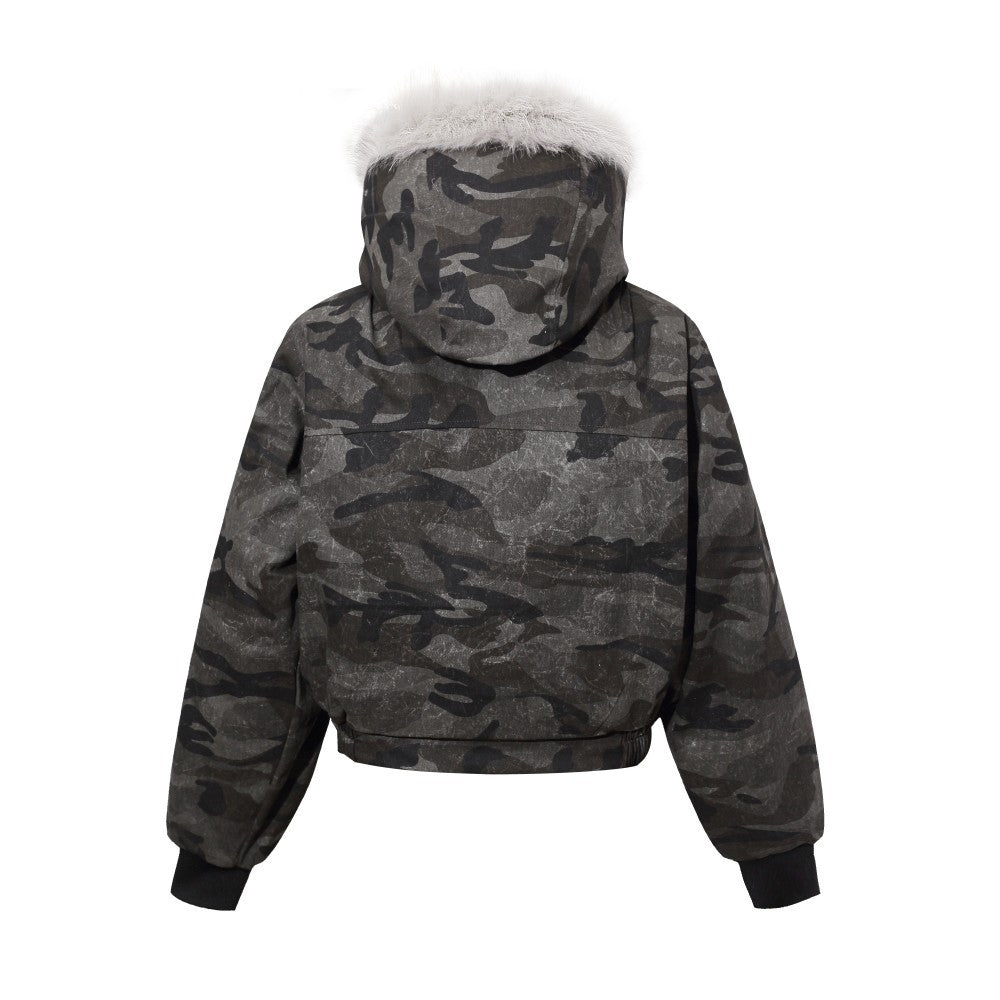 Camouflage Fake Fur Collar Multi-Zipper Short Puffer Jacket WN27891