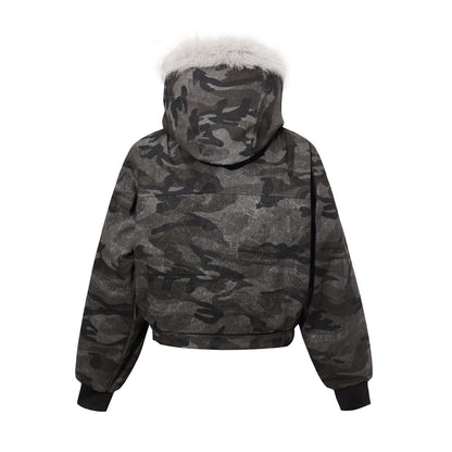 Camouflage Fake Fur Collar Multi-Zipper Short Puffer Jacket WN27891