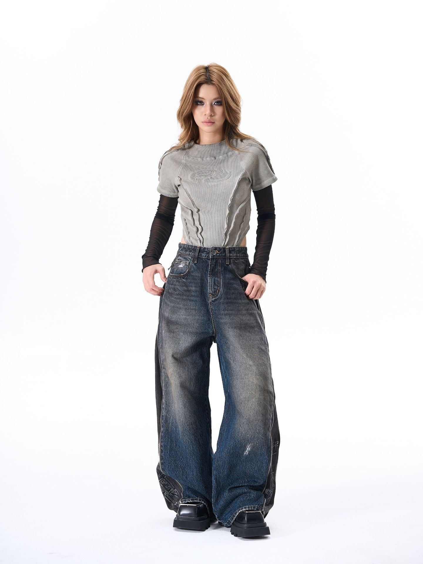 Panel Wash Wide Leg Denim Jeans WN23107