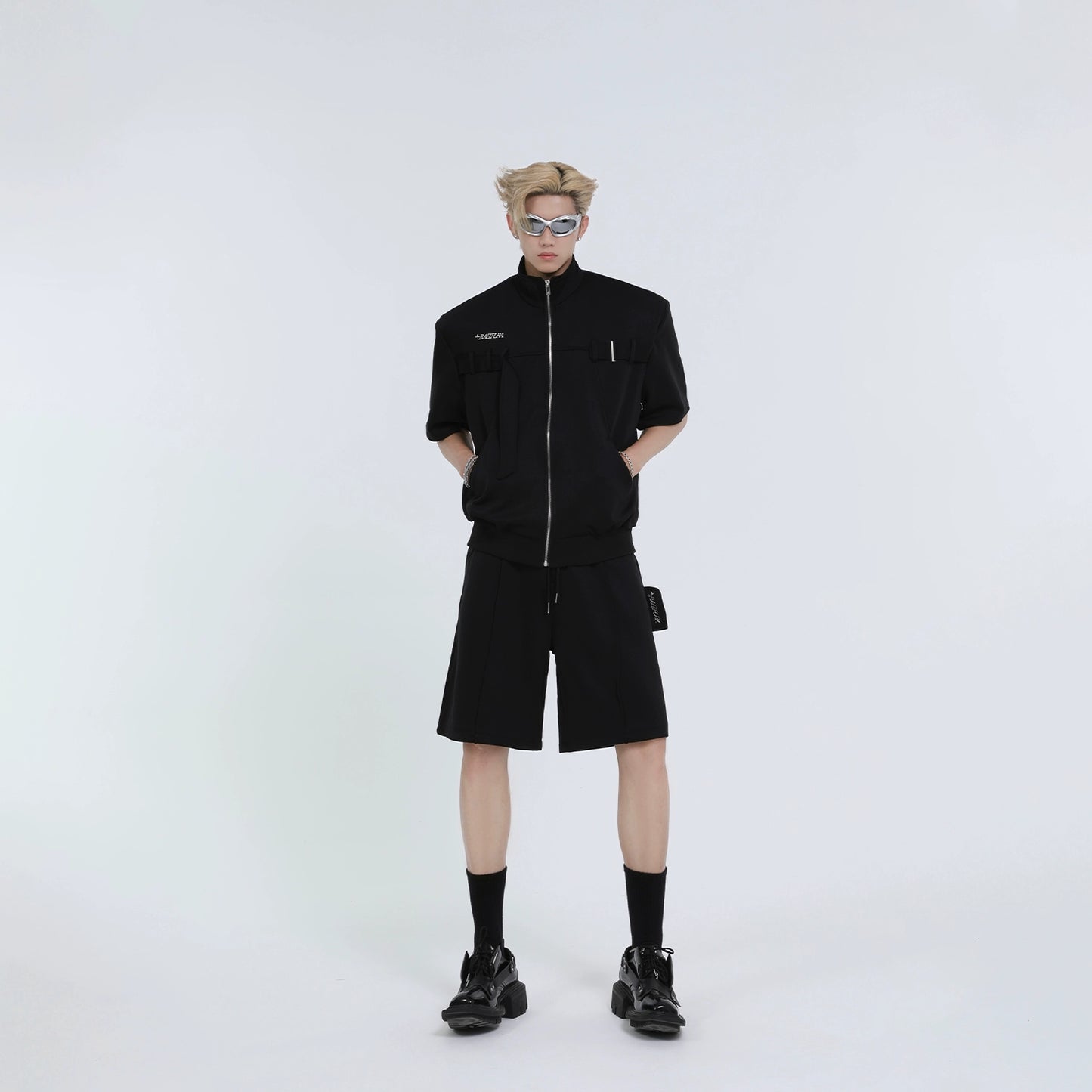 Short Sleeve Zipper Sweatshirt Jacket & Wide-Leg Straight Shorts Setup WN7331