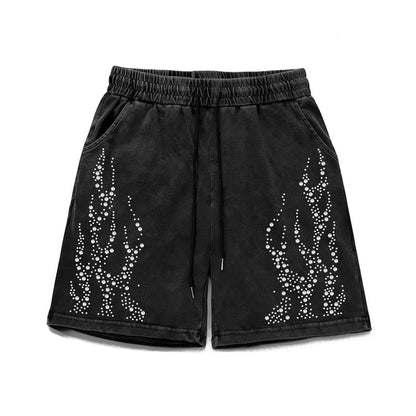 Washed Rhinestone Flame Half Pants WN26943