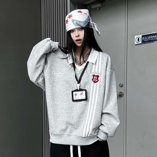 Stripe Embroidery V-Neck Polo Sweatshirt WN24157