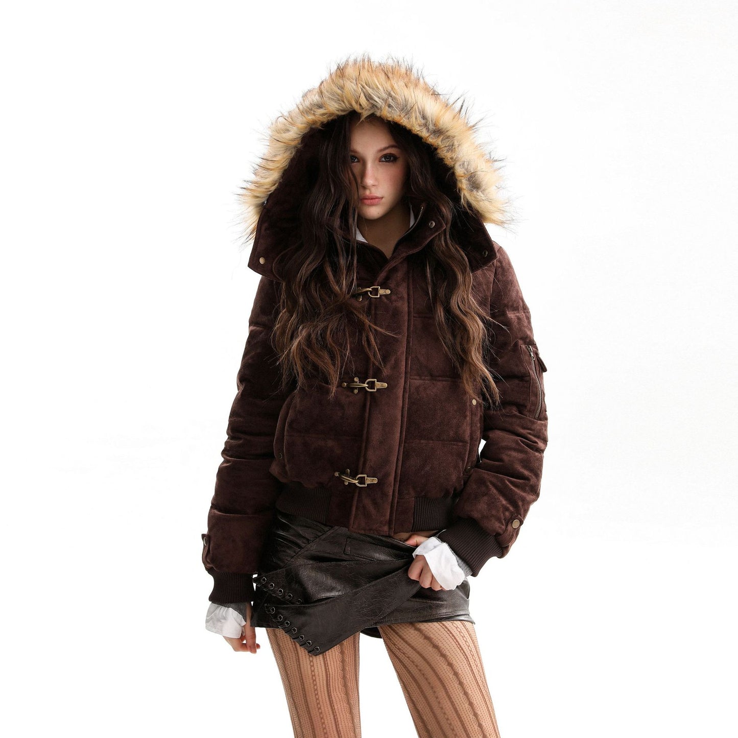 Fake Fur Collar Metal Buckle Puffer Jacket WN23094
