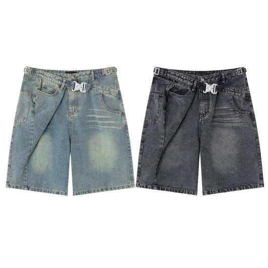 Washed Whisker Metal Buckle Denim Half Pants WN25513