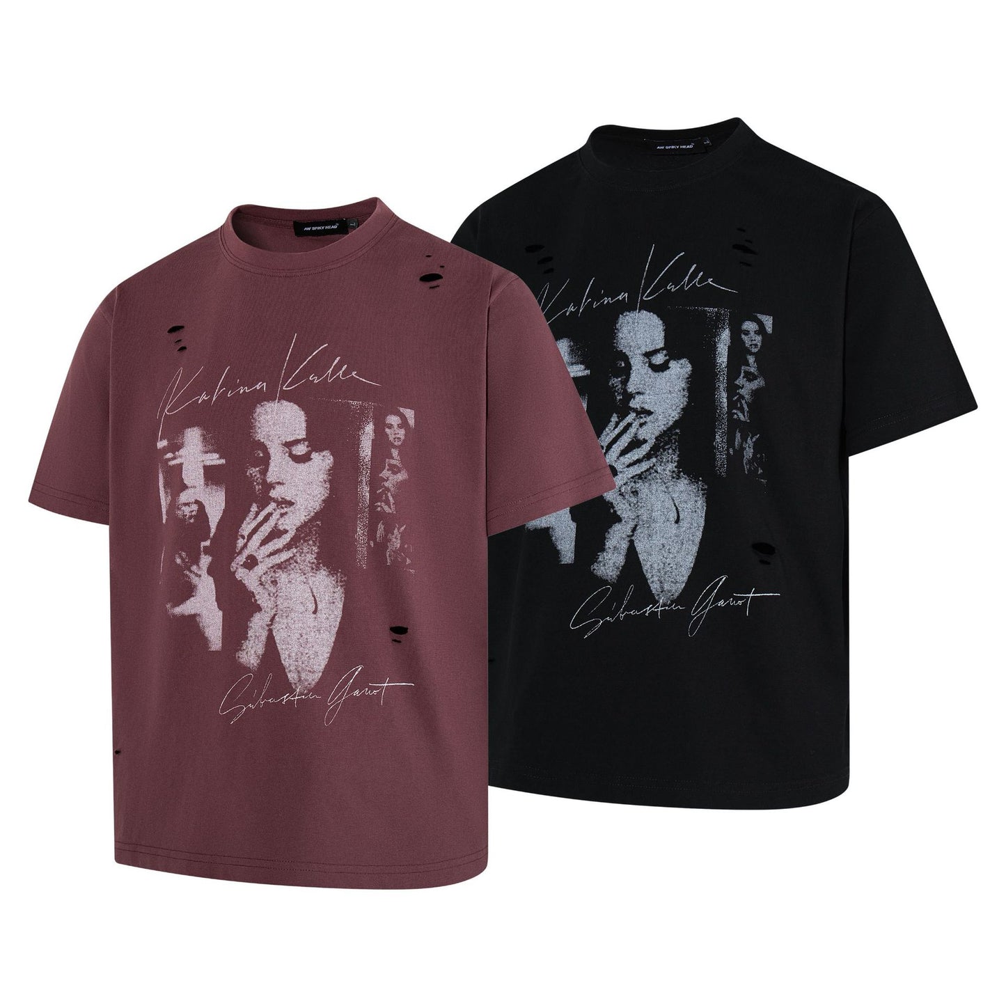 Damage Portrait Print Short Sleeve T-Shirt WN25495