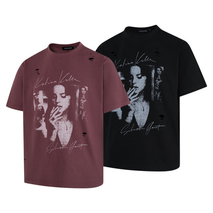 Damage Portrait Print Short Sleeve T-Shirt WN25495