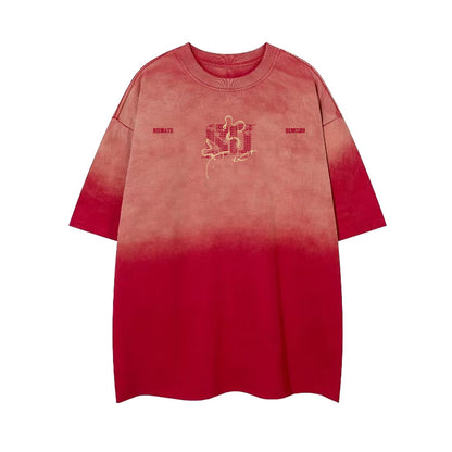 Gradient Embroidery Letter Short Sleeve T-Shirt WN26940