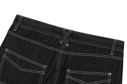 Contrast Stitch Bandana Patch Wide Leg Denim Jeans WN25979