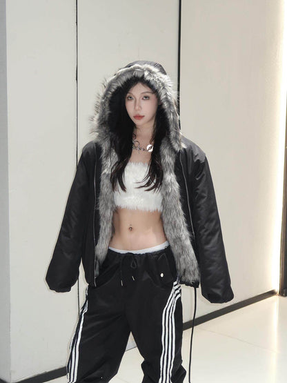Fake Fur Collar Hooded Drawstring Short Padded Jacket WN23160
