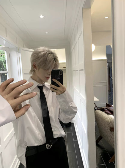 Metal Studs Shoulder-Pad Pleats Long Sleeve Shirt & Tie WN19807