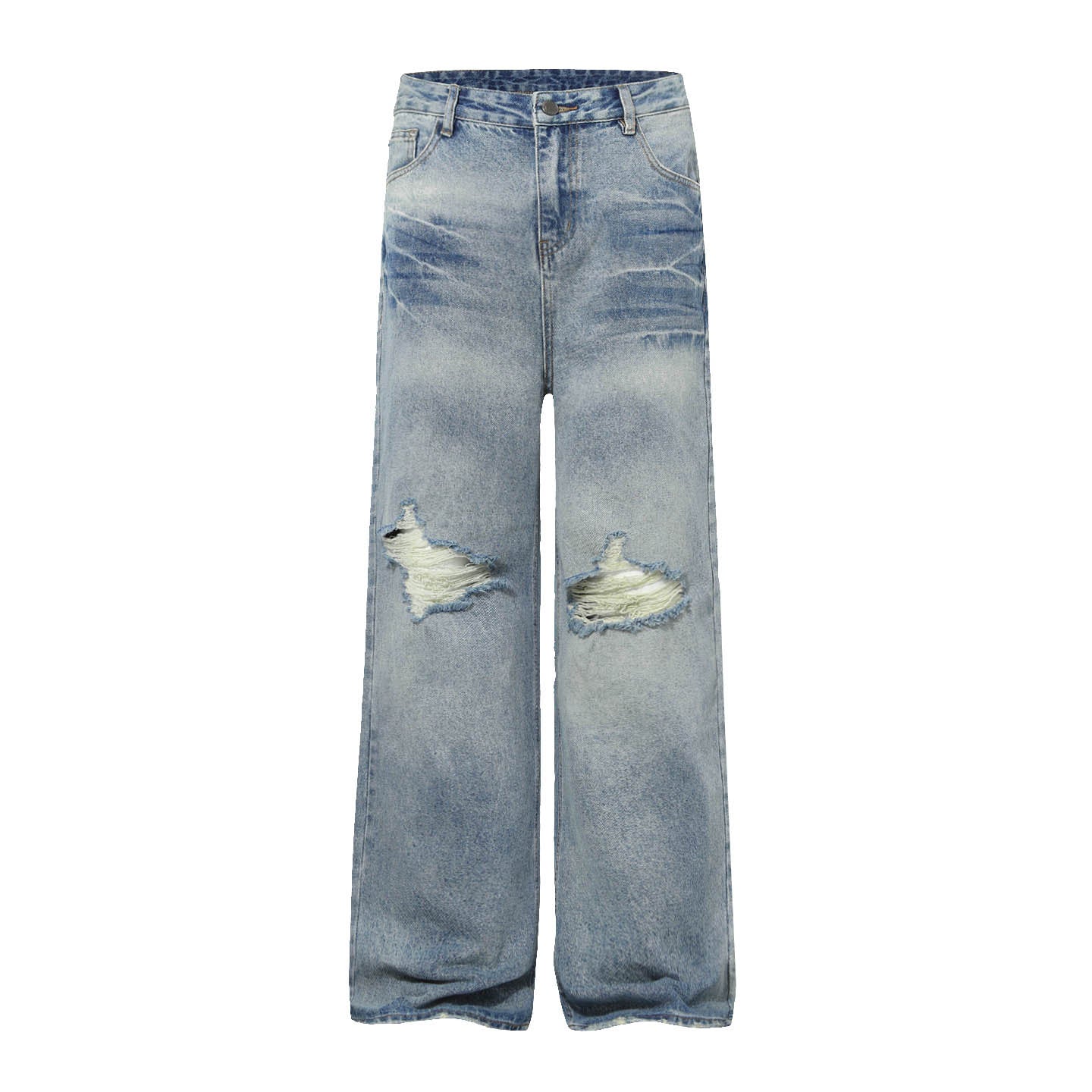 Washed Whisker Damage Wide Leg Denim Jeans WN26121