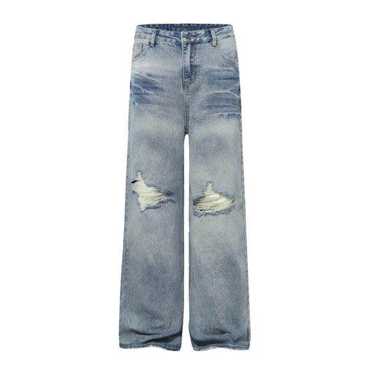 Washed Whisker Damage Wide Leg Denim Jeans WN26121