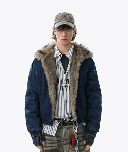 Fake Fur-Collar Deconstructed Thick Denim Jacket WN22110