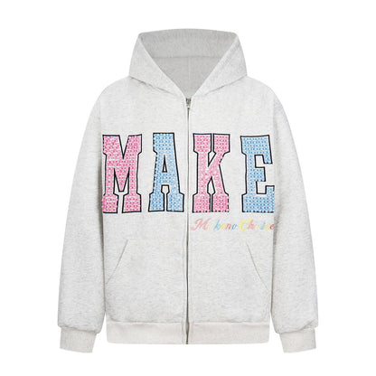 Letter Pearl Embroidery Zipper Hoodie WN24453