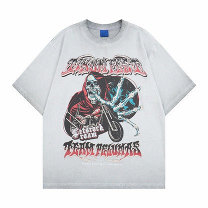 Skull Motorcycle Graphic Print Oversize Short Sleeve T-Shirt WN24496