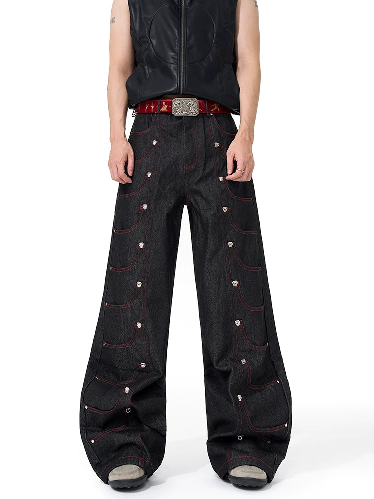 Multi-Pocket Metal Detail Wide Leg Denim Jeans WN20500