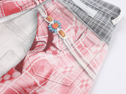 Plaid Deconstructed Drawstring Wide Leg Denim Jeans WN28043