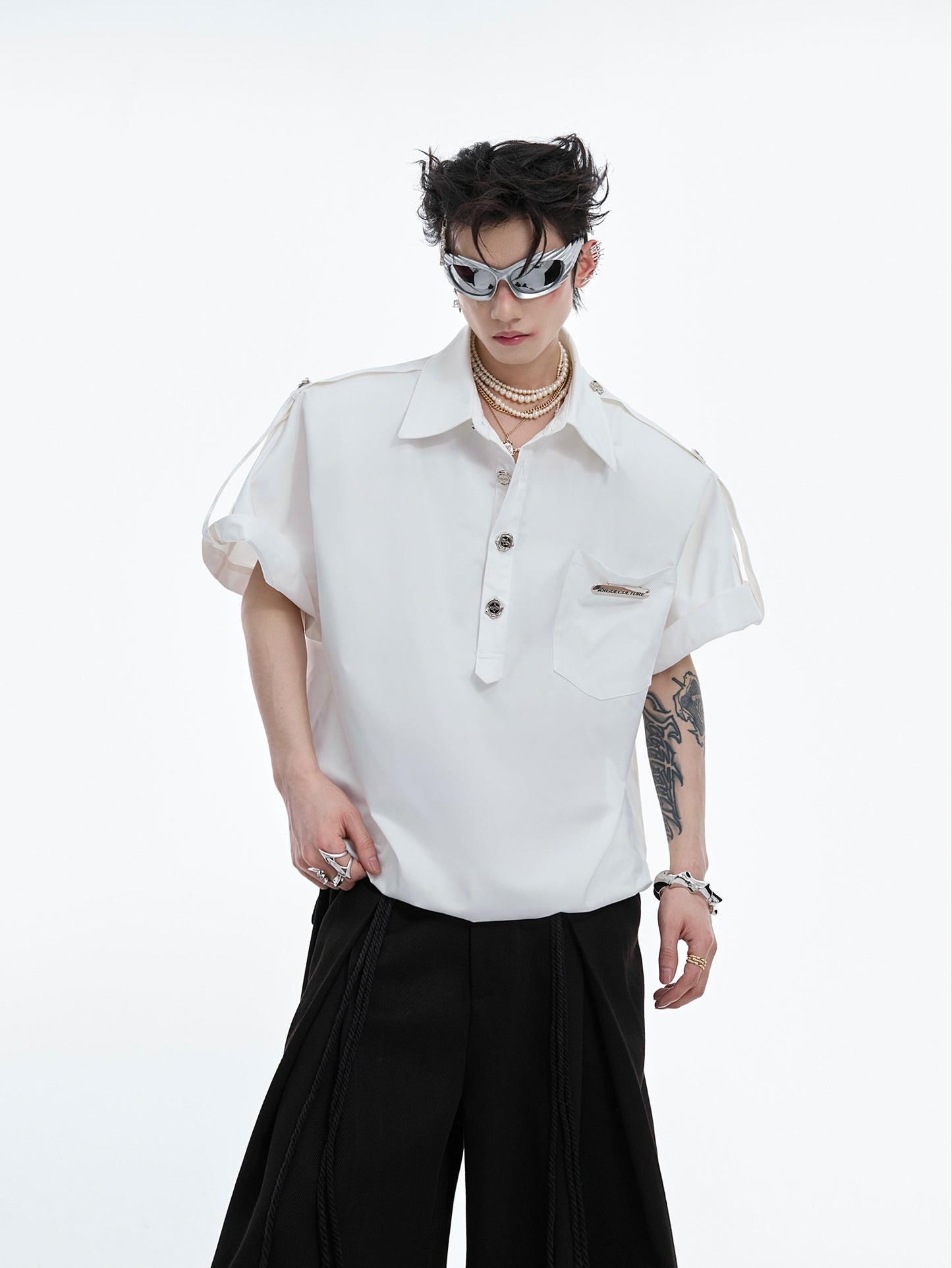 Metal Button Shoulder Pad Short Sleeve Shirt WN6513