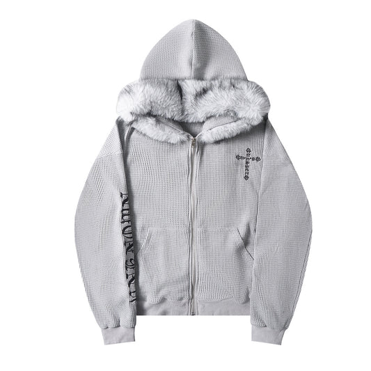 Cross Embroidery Fake Fur Collar Zipper Hoodie WN21880
