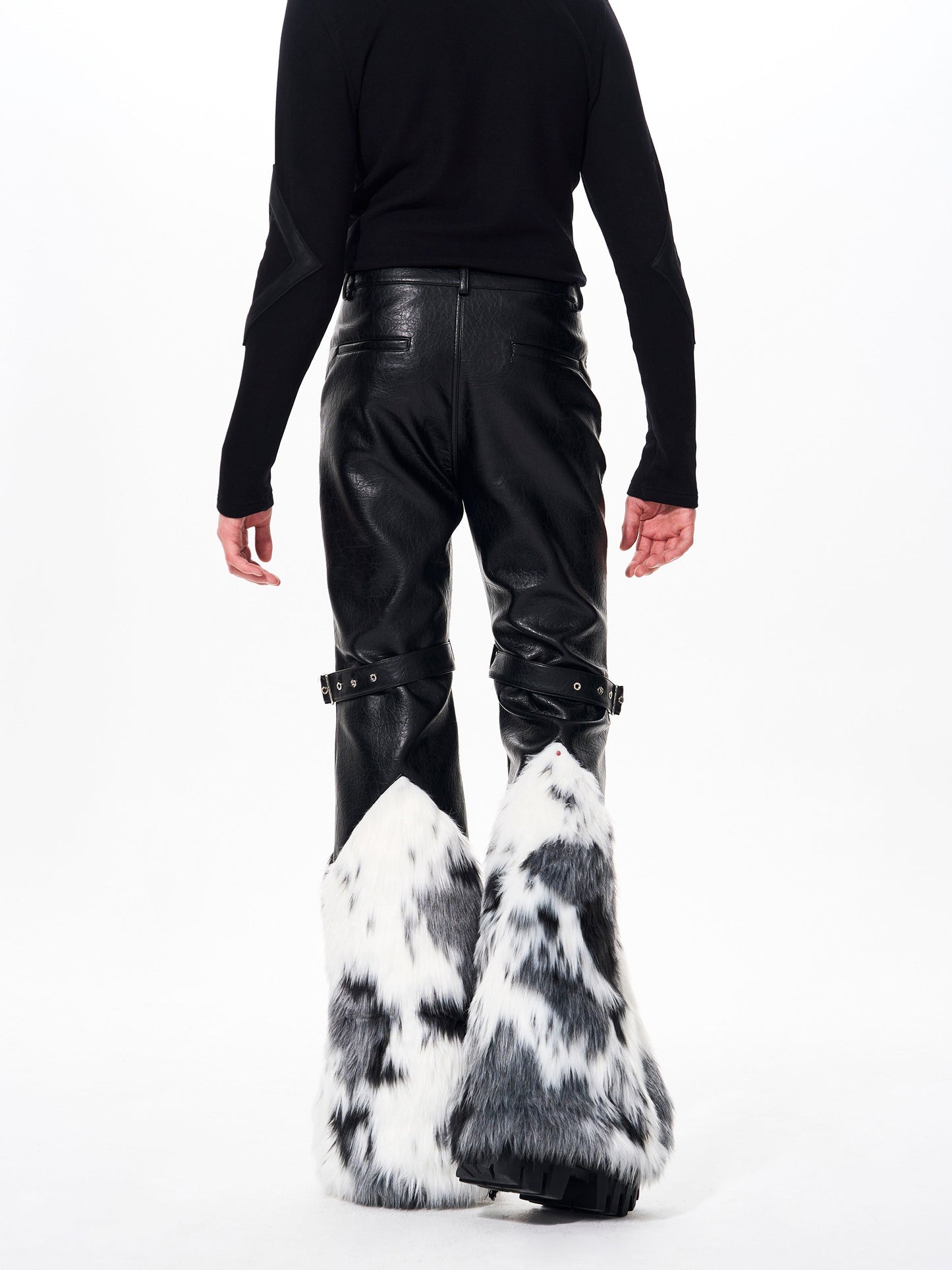 Fake Fur Patchwork Flare Buckle Pants WN23257
