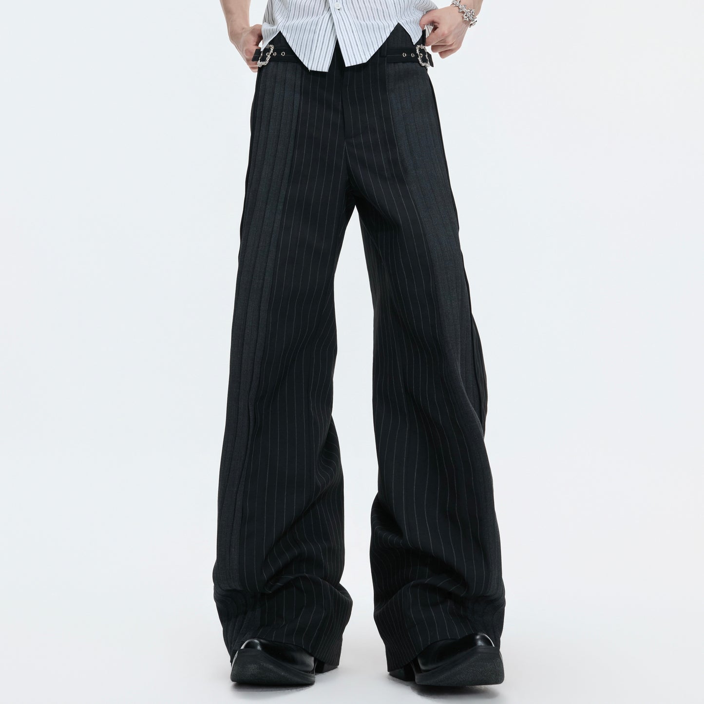 Decorative Buckle Stripe Patchwork Wide Leg Trousers WN27003