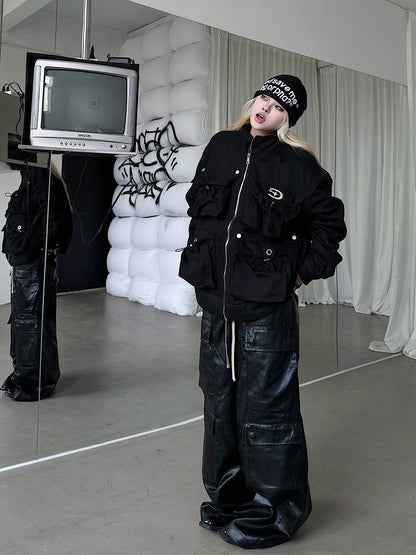 Glossy Coated Multi-Pocket PU Leather Wide Leg Cargo Pants WN18153