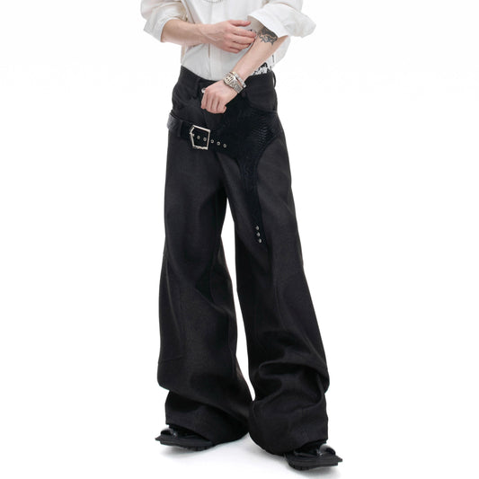 Crocodile Pattern Belted Wide Leg Straight Trousers WN20523